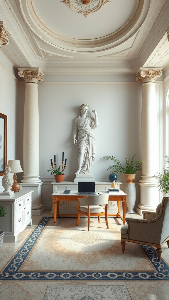 A home office featuring Roman architecture elements, including tall columns, a statue, and an ornate ceiling.