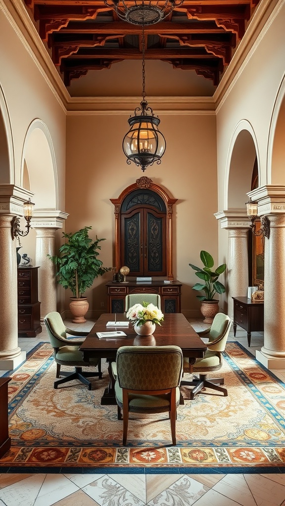 A beautifully designed home office showing architectural symmetry with arches, a coffered ceiling, and elegant furniture arrangement.