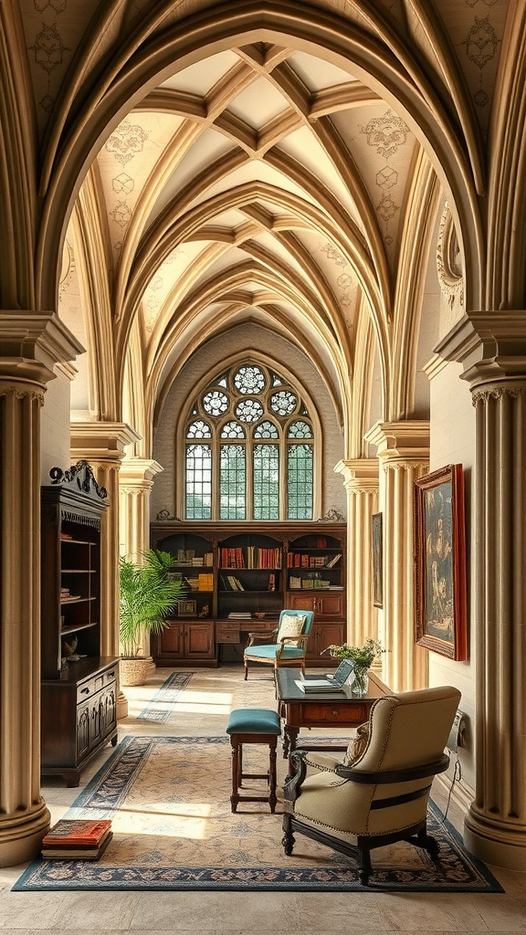 Interior of a home office with gothic architecture features, including archways and columns