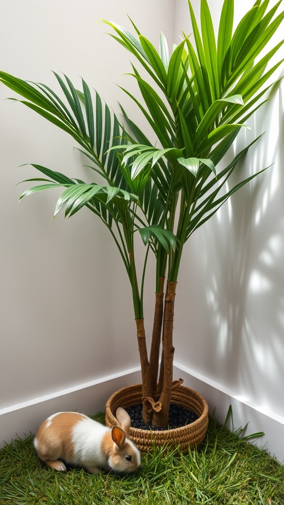Areca Palm with a bunny beside it, showcasing a pet-friendly environment.