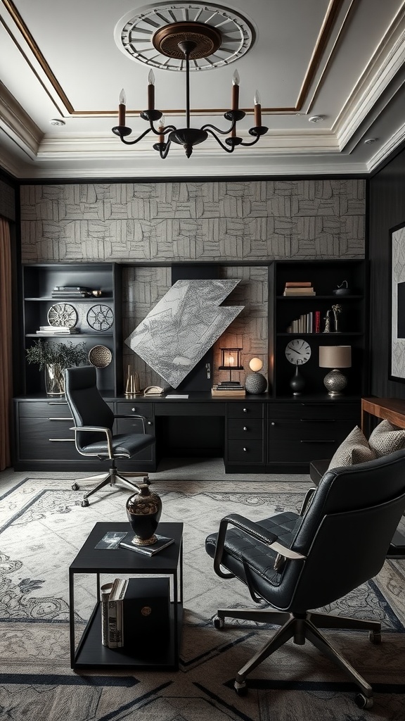 A stylish Art Deco inspired home office featuring black furniture, geometric wallpaper, and elegant decor.