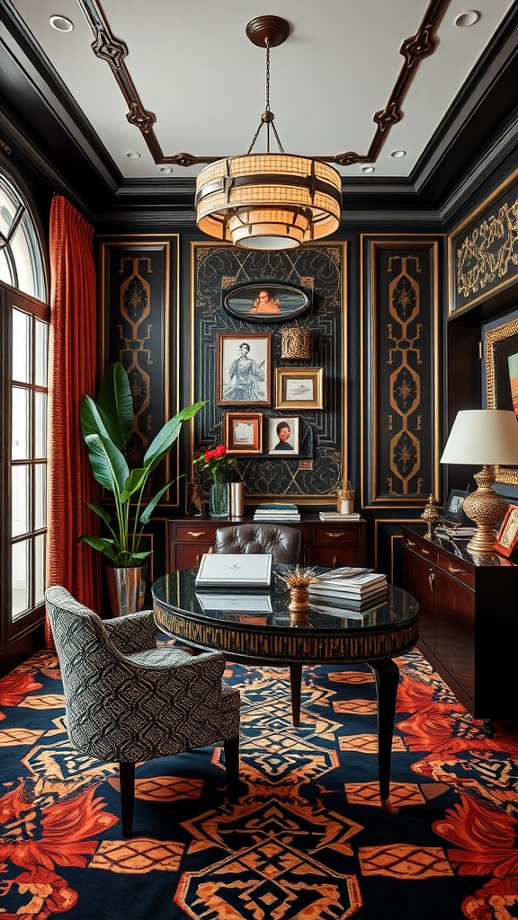 An elegant Art Deco inspired home office with a wooden desk, stylish chairs, and sophisticated decor.