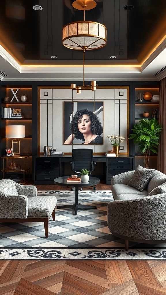 Art Deco style living room featuring plush furniture, geometric patterns, and a stylish workspace.