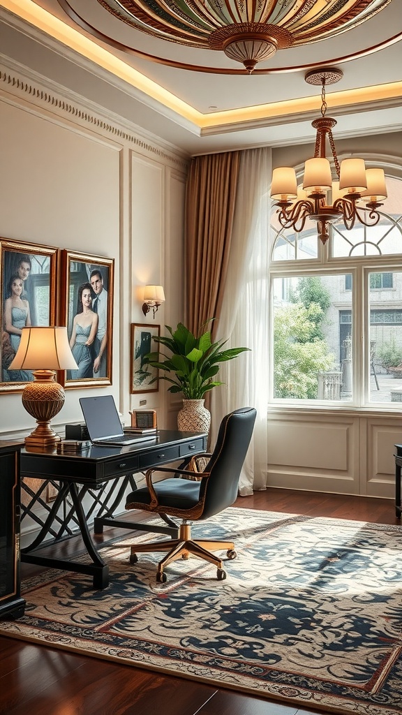 An elegant Art Deco style home office with a stylish desk, plush chair, and decorative ceiling fixture.