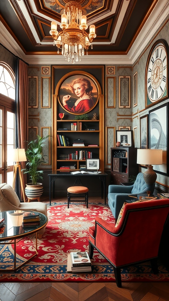 A stylish Art Deco home office featuring a chandelier, a red rug, and elegant furniture.