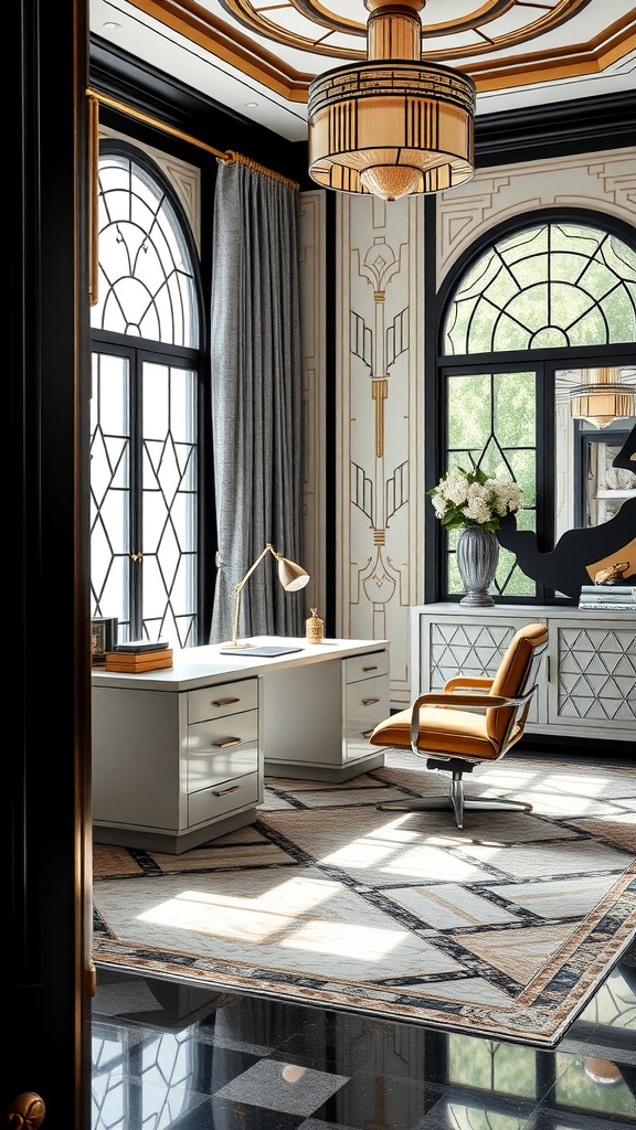 A luxurious Art Deco style home office featuring a sleek desk, stylish chair, and elegant decor.