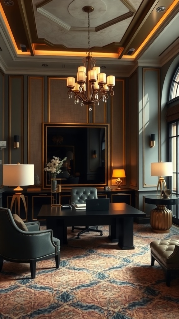 A luxurious home office featuring Art Deco design with a chandelier, elegant furniture, and patterned rug.
