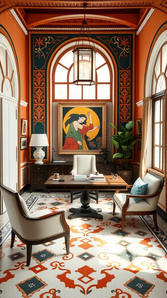 A vibrant home office with Art Deco influence, featuring orange and green walls, elegant furniture, and decorative elements.