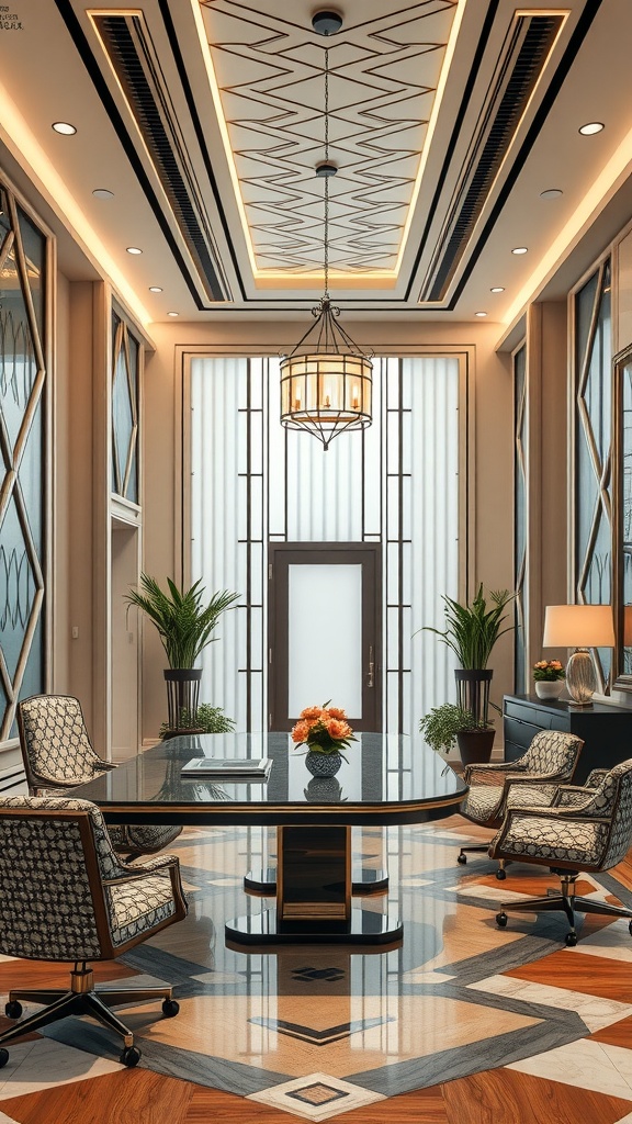 An elegant Art Deco inspired home office with geometric designs, large windows, and stylish furniture.