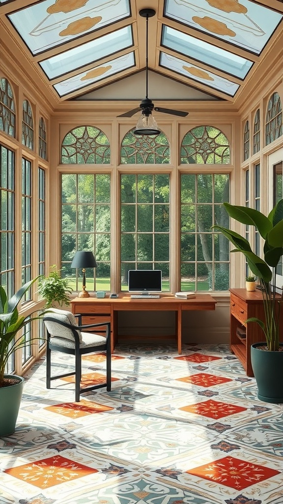 Art Deco inspired sunroom interior with large windows, stylish decor, and a workspace.