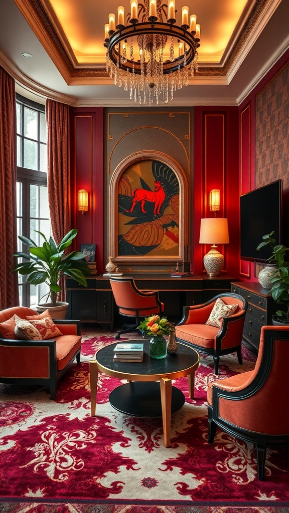 An Art Deco inspired home office featuring red walls, elegant furniture, and bold patterns.