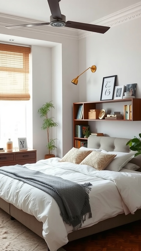 Cozy bedroom with a home office setup, featuring a bed, bookshelf, and warm lighting.