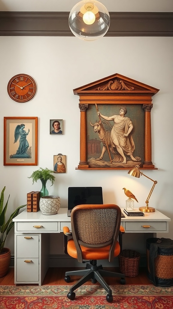 A stylish home office featuring Roman-inspired wall decorations, including bold lettering and a bust, complemented by a wooden desk and modern technology.