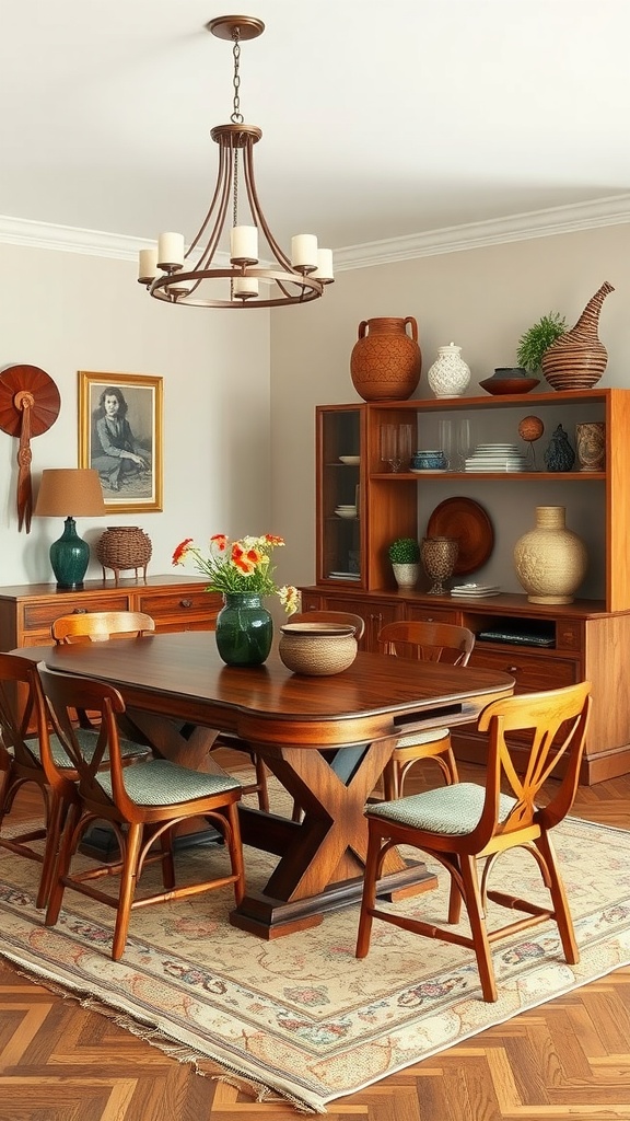 Artisan crafted furniture in a Mediterranean inspired dining area, featuring a wooden table and chairs.