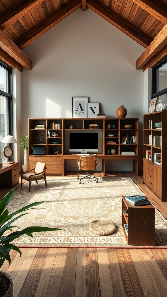 Artisan crafted home office with wooden furniture and high ceilings.