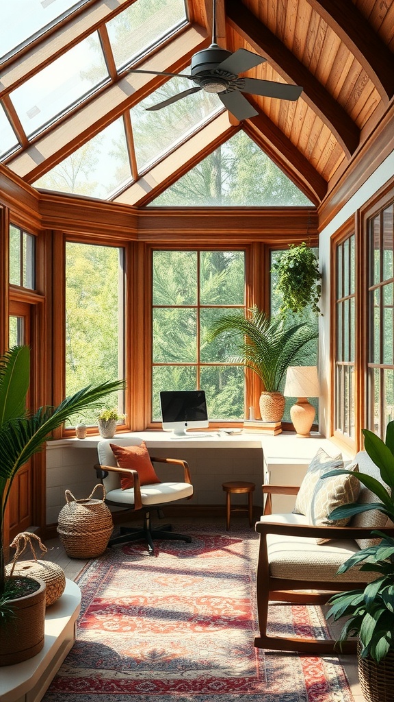 A bright artisan crafted sunroom with wooden beams, large windows, a cozy chair, and indoor plants.