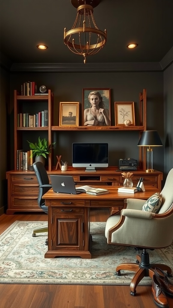 A stylish modern man cave office featuring artisan crafted wooden furniture, showcasing a wooden desk and rocking chair.