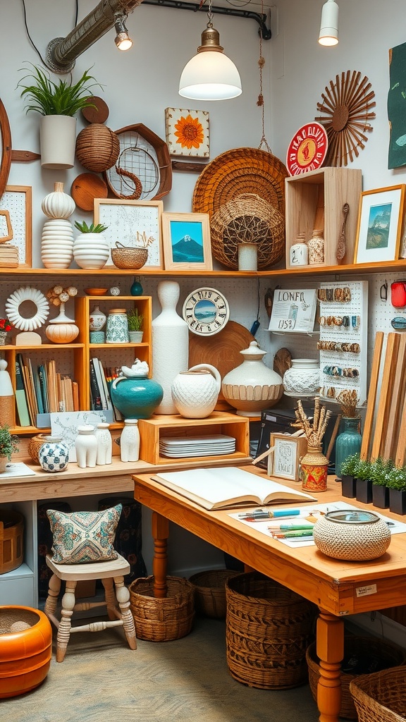 Artisan crafts studio with wooden shelves, sculptures, and craft supplies
