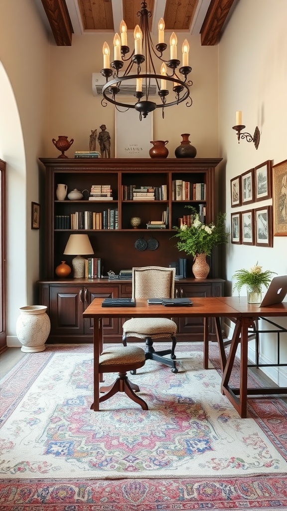 A beautifully designed home office featuring artisan craftsmanship, with wooden shelves, a chandelier, and decorative items, showcasing Italian interior design.