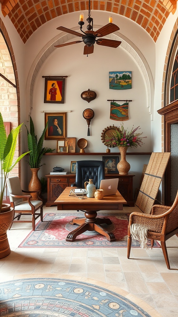 Cozy home office with artisan craftsmanship, featuring brick ceiling, wooden desk, and decorative wall art.