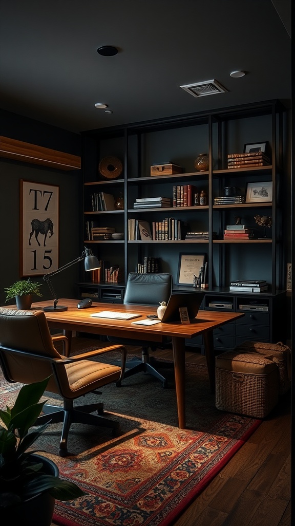 A modern masculine home office featuring dark walls, wooden desk, and stylish shelving.