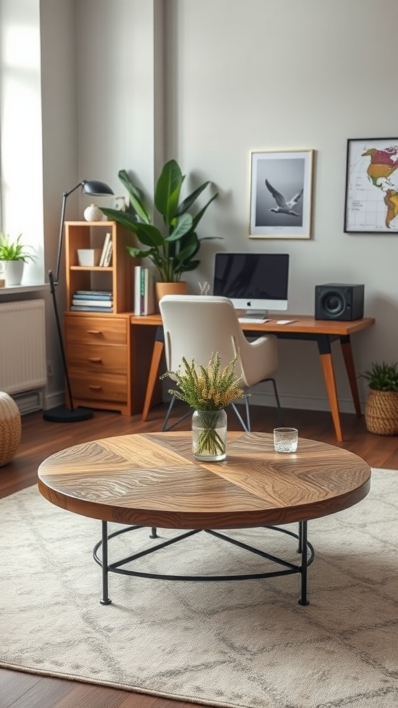 Artisan handmade round coffee table in a modern home office setting