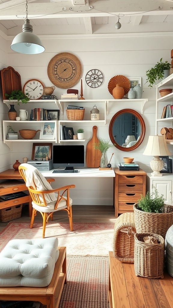 A cozy home office featuring artisan handmade decor with wooden furniture and inviting textiles.