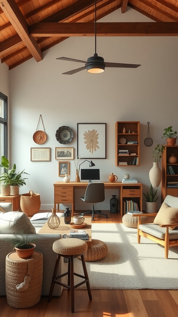 A cozy living room with artisanal handmade touches, featuring natural materials, plants, and a stylish home office setup.