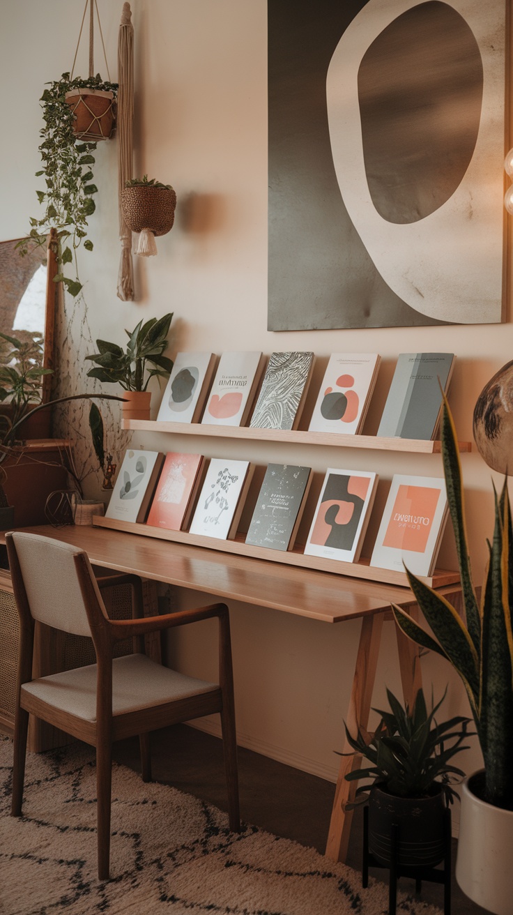 A selection of artistic book covers arranged on a shelf, showcasing various designs and colors.