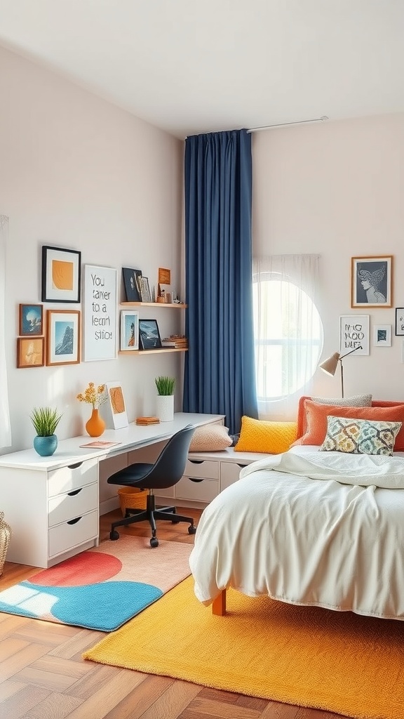 A bright, modern bedroom with a home office setup, featuring colorful rugs, wall art, and a stylish desk.