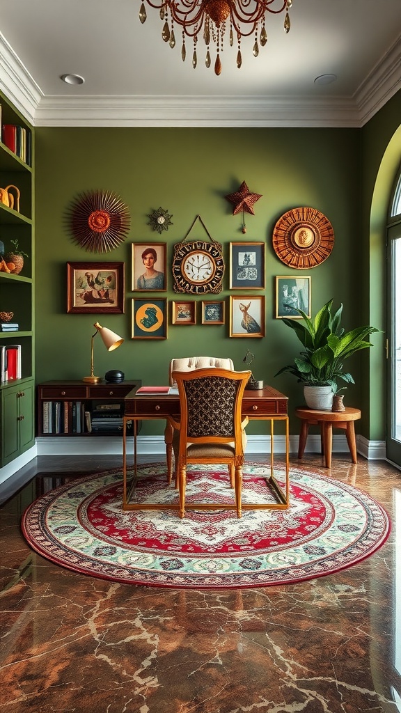 A cozy home office featuring olive green walls, artistic wall decor, and a vintage desk.