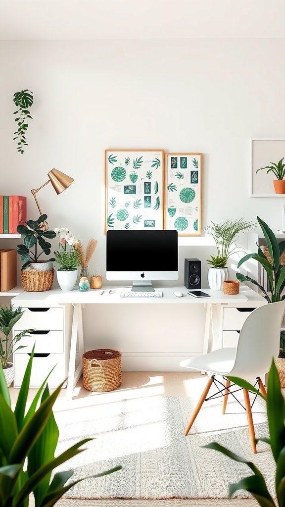 A well-arranged home office featuring natural elements, plants, and artistic decorations.
