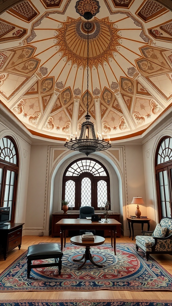 An elegant home office with an artistic dome ceiling, showcasing intricate patterns and a chandelier.