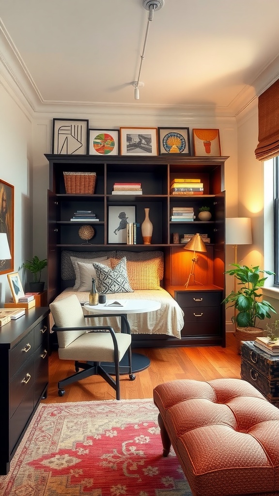 A modern home office featuring a desk, chair, and wall art with indoor plants, showcasing a stylish built-in Murphy bed office.