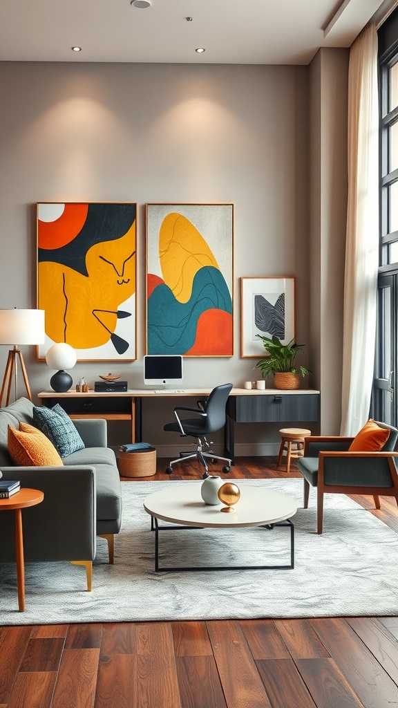 A stylish living room with abstract art, cozy seating, and a home office setup.