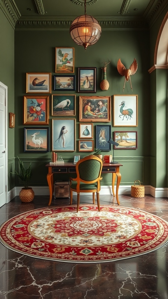 Gallery wall with various artworks in a cozy olive green home office