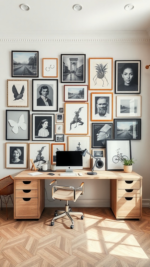 A modern home office with a gallery wall featuring various framed artworks, a sleek desk, and a comfortable chair.