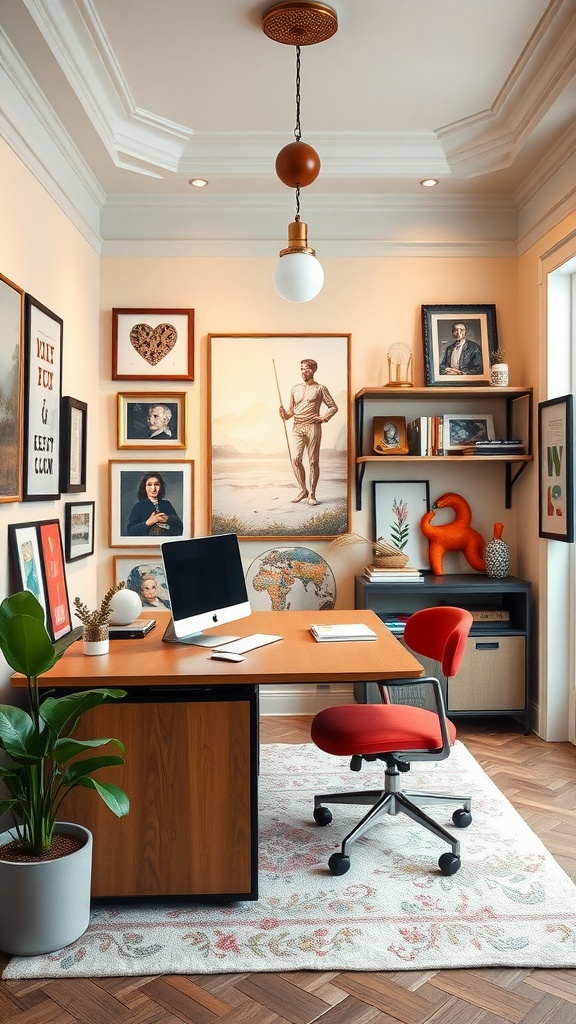 A stylish small home office featuring artwork, a desk, and a red chair.
