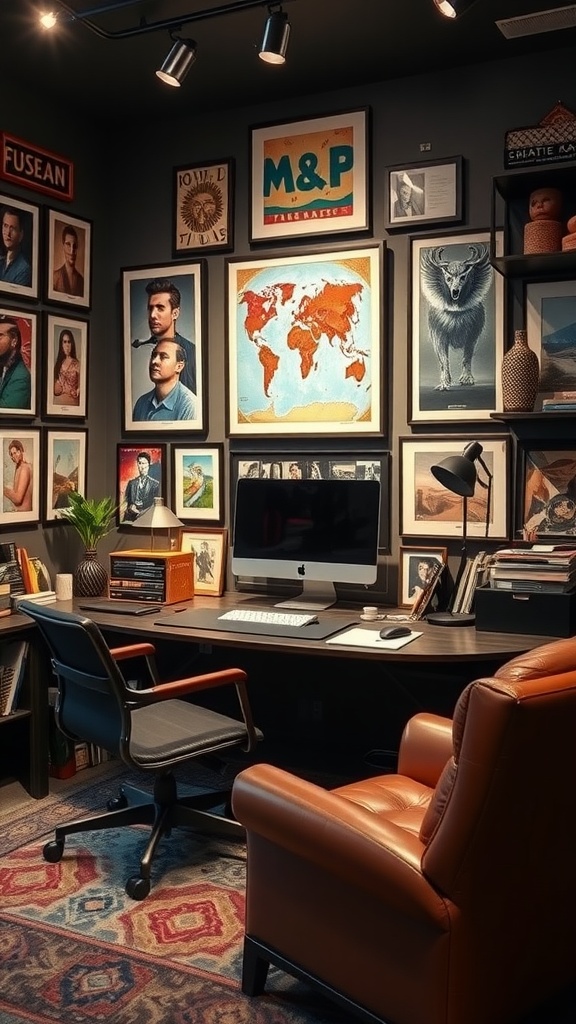 Stylish home office with framed art, wooden desk, and ergonomic chairs.