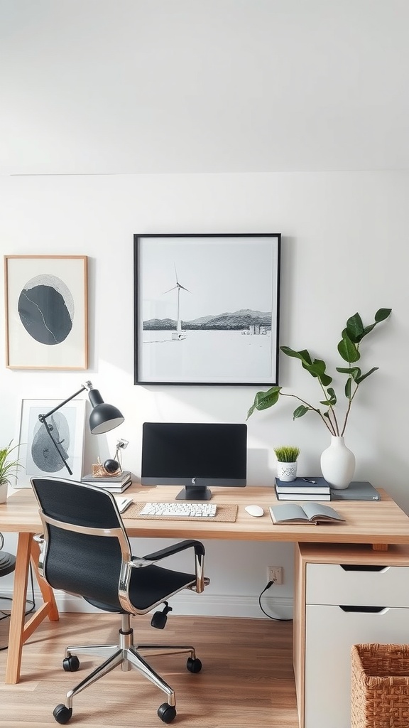 A modern minimalist office featuring a sleek desk, comfortable chair, and decorative wall art.