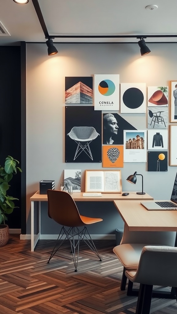 A stylish home office featuring a mix of modern art pieces on the wall, a clean desk, and chic furniture.