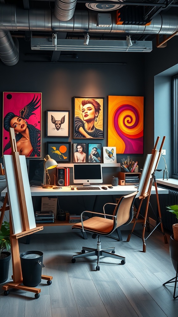 A stylish artistic studio office featuring modern decor and vibrant artwork.