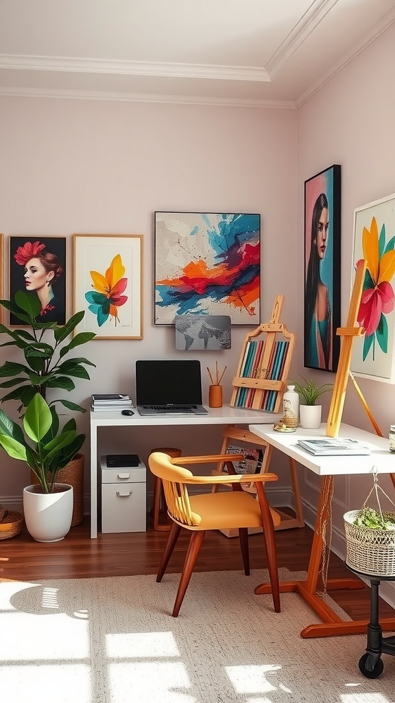 A stylish home office with floral artwork, a modern desk, and comfortable chairs.