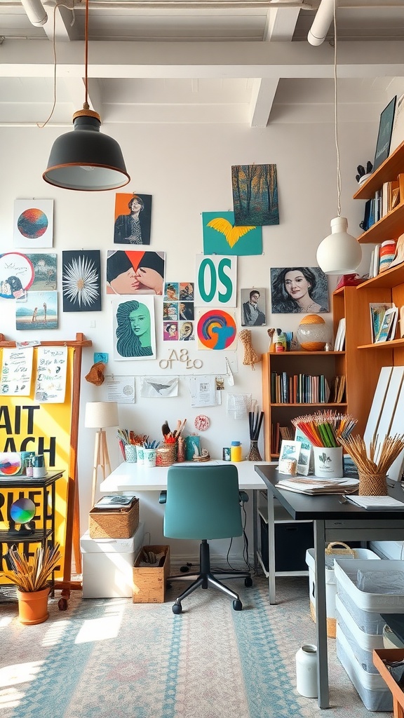 Artistic studio featuring colorful artworks on the wall and a neatly organized workspace