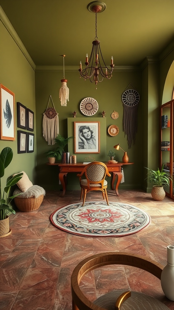 A cozy boho-inspired home office featuring olive green walls, artistic wall hangings, and soft fabrics.