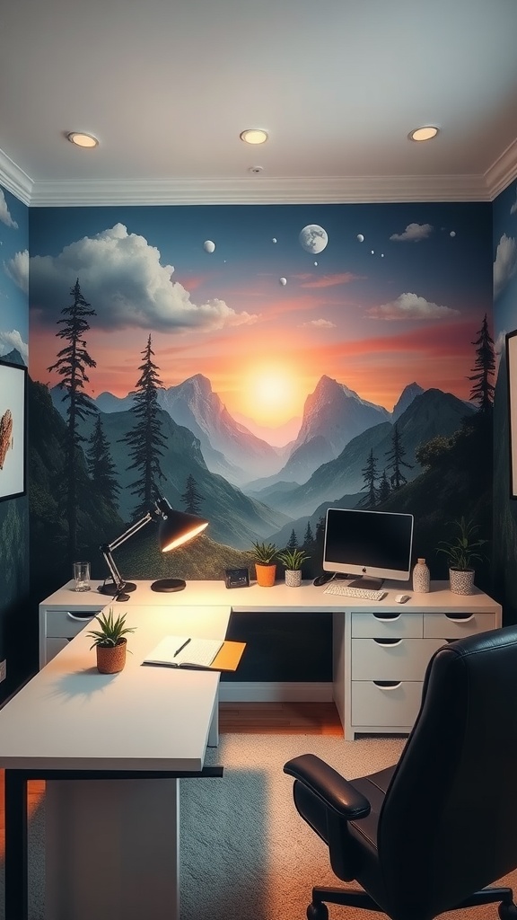 A vibrant wall mural featuring a city skyline and a landscape in a home office setting, inspiring creativity and productivity.