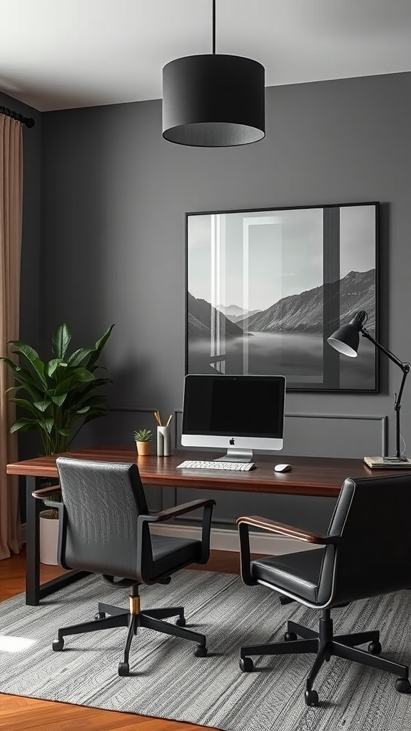 A modern masculine home office featuring dark walls, a wooden desk, and artwork that creates a moody atmosphere.