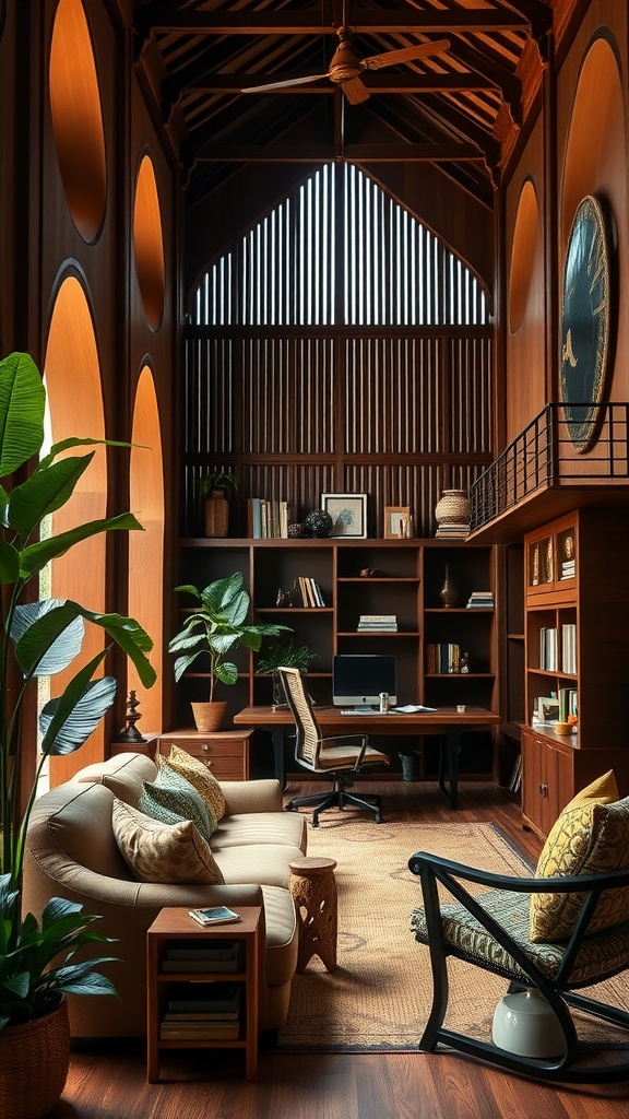Interior of a modern home office with Asante architecture features like tall wooden ceilings and natural light, surrounded by plants and cozy furniture.