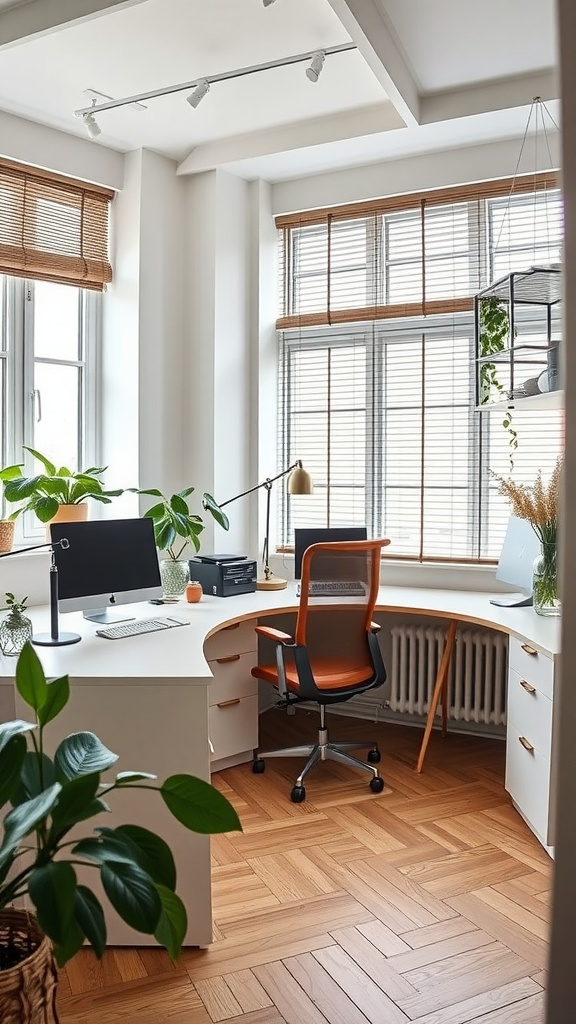 A modern home office featuring Scandinavian interior design with a white desk, chair, and plants