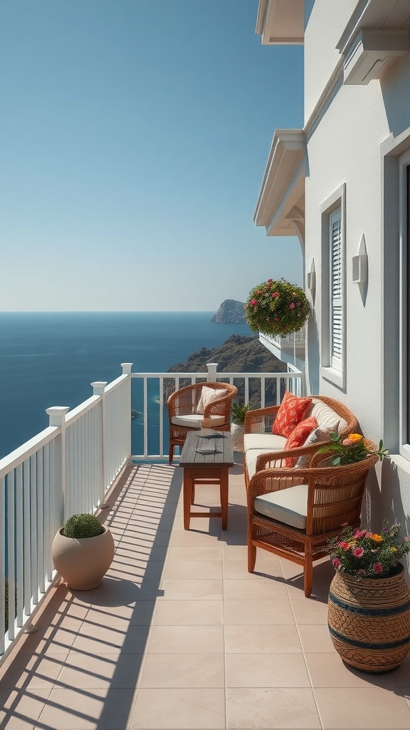 A beautiful balcony overlooking the Mediterranean Sea with wicker furniture and vibrant cushions.